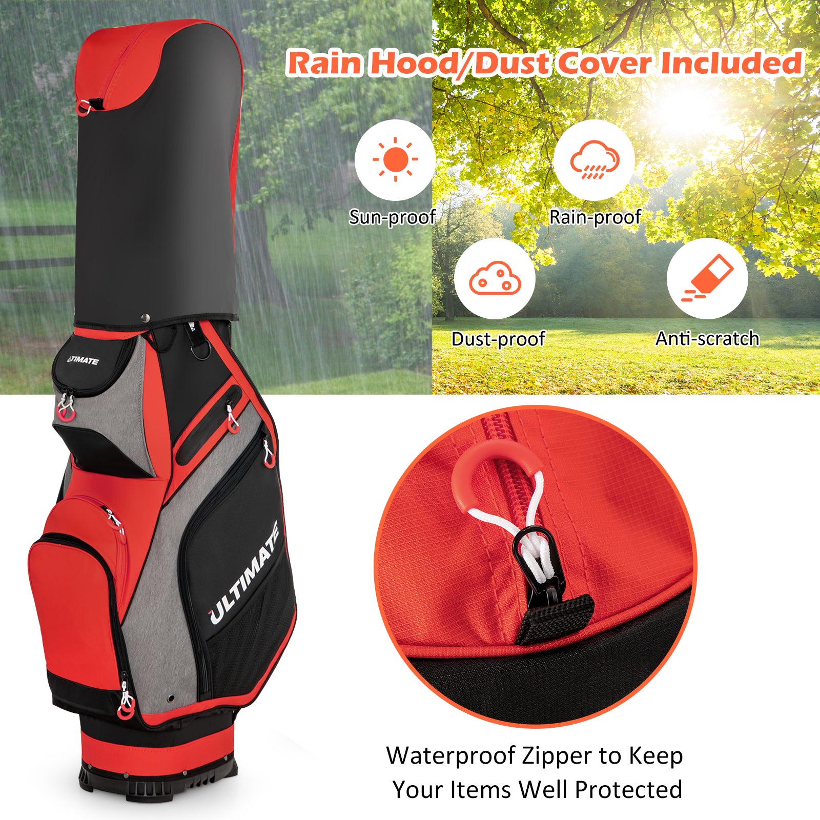 Lightweight Portable Golf Cart Bag with 14 Way Dividers and 7 Pockets-Red