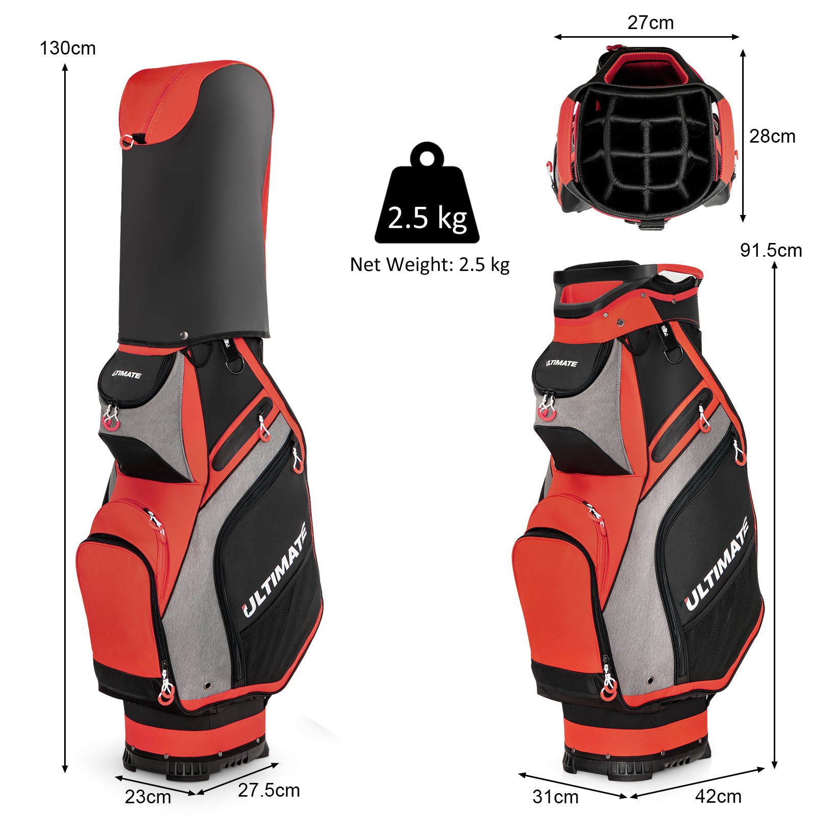Lightweight Portable Golf Cart Bag with 14 Way Dividers and 7 Pockets-Red