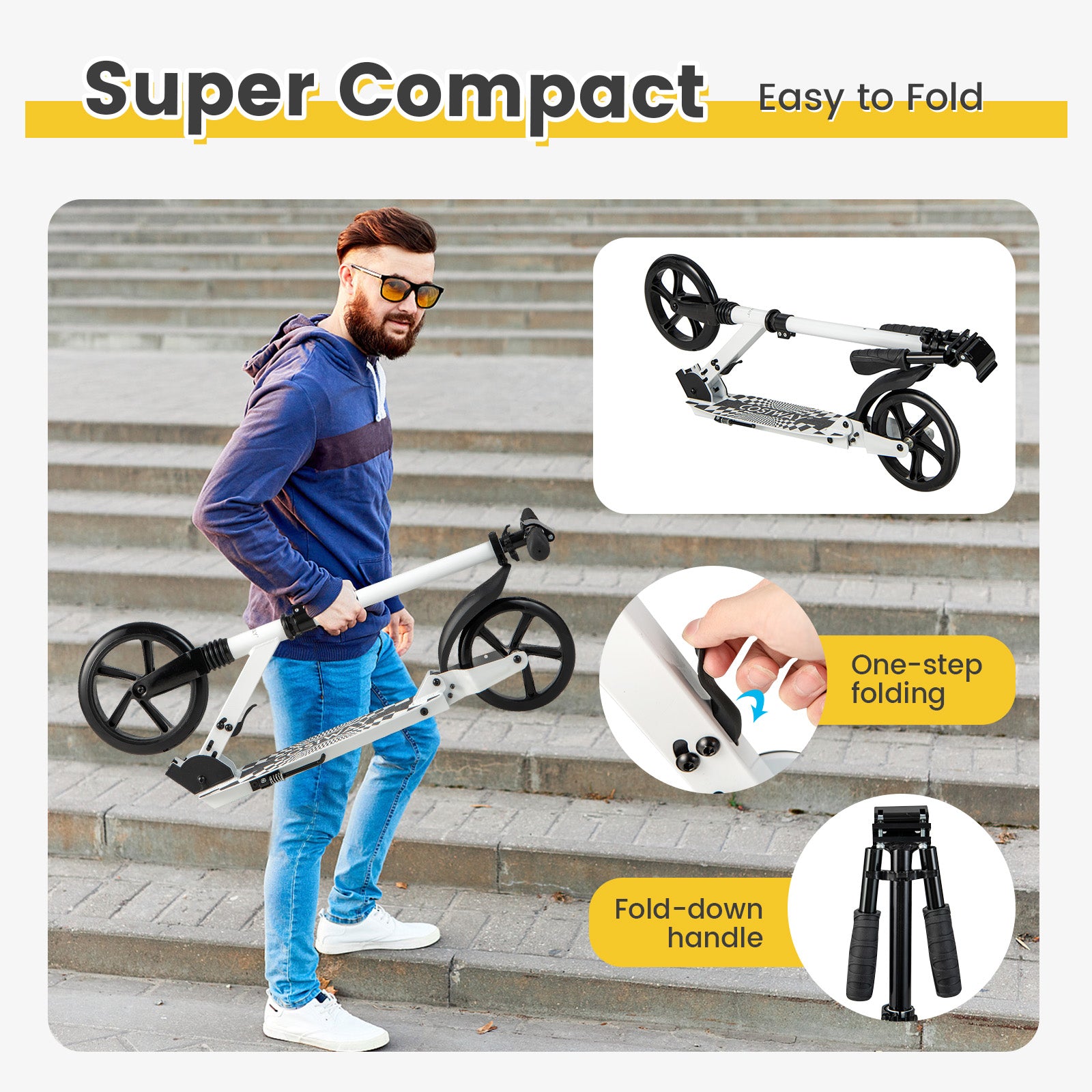 Folding Kick Scooters with 2-Level Adjustable Handlebar-White