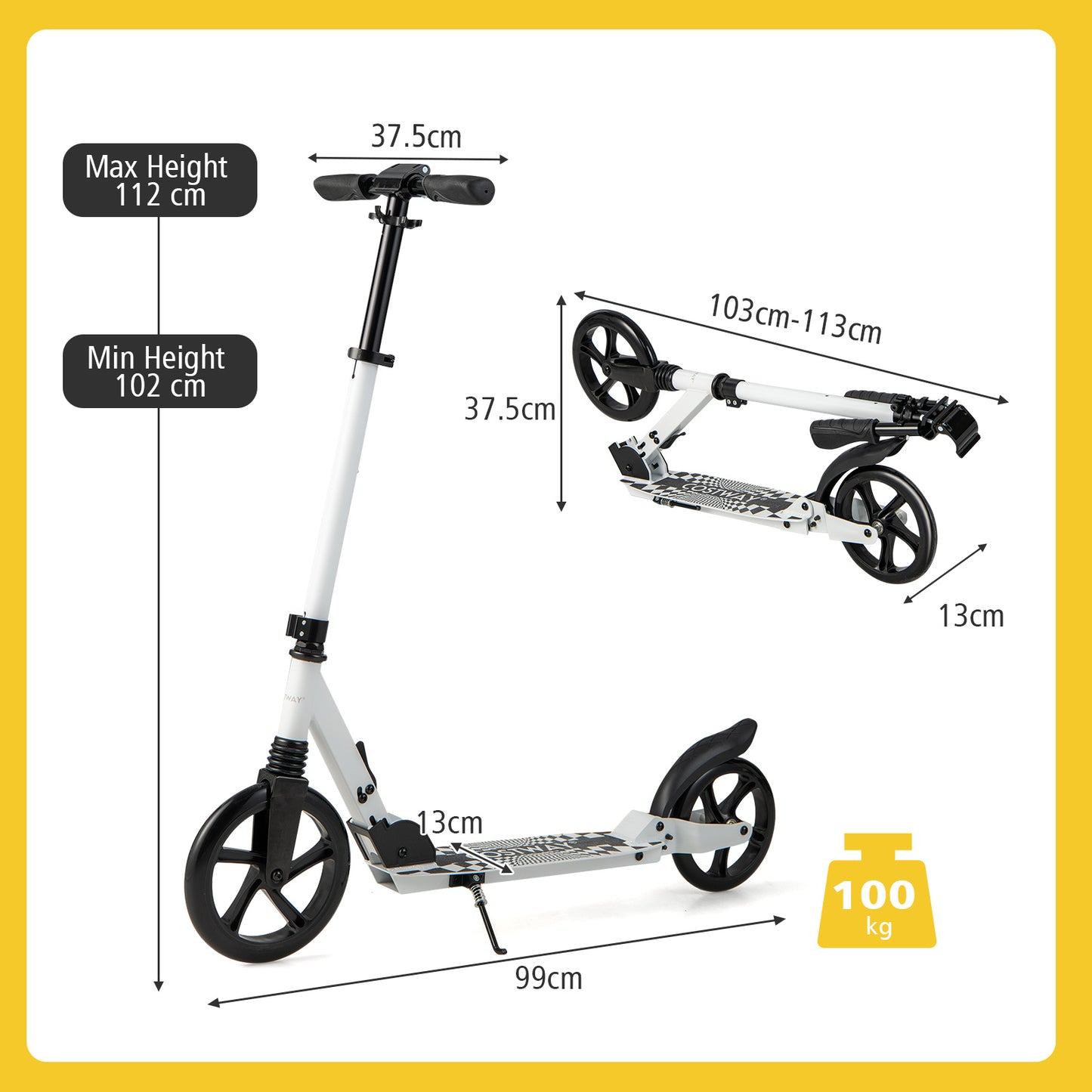 Folding Kick Scooters with 2-Level Adjustable Handlebar-White