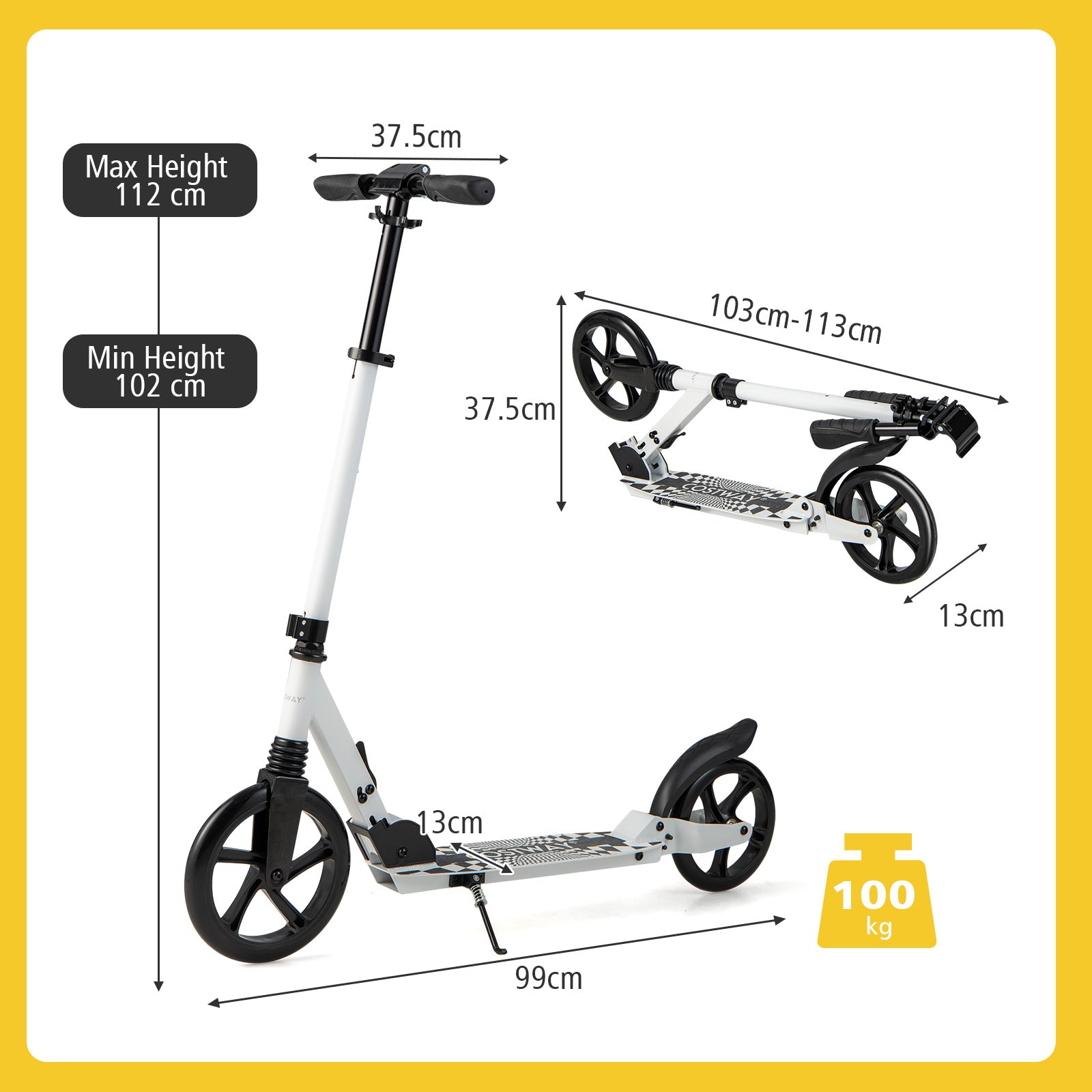 Folding Kick Scooters with 2-Level Adjustable Handlebar-White
