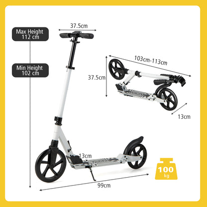 Folding Kick Scooters with 2-Level Adjustable Handlebar-White