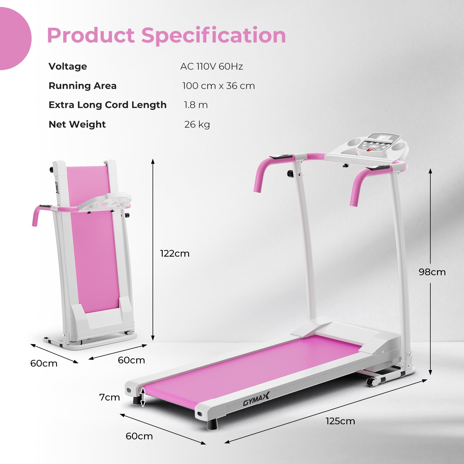 Foldable Treadmill with 12 Preset Programs and LCD Monitor-Pink &amp; White