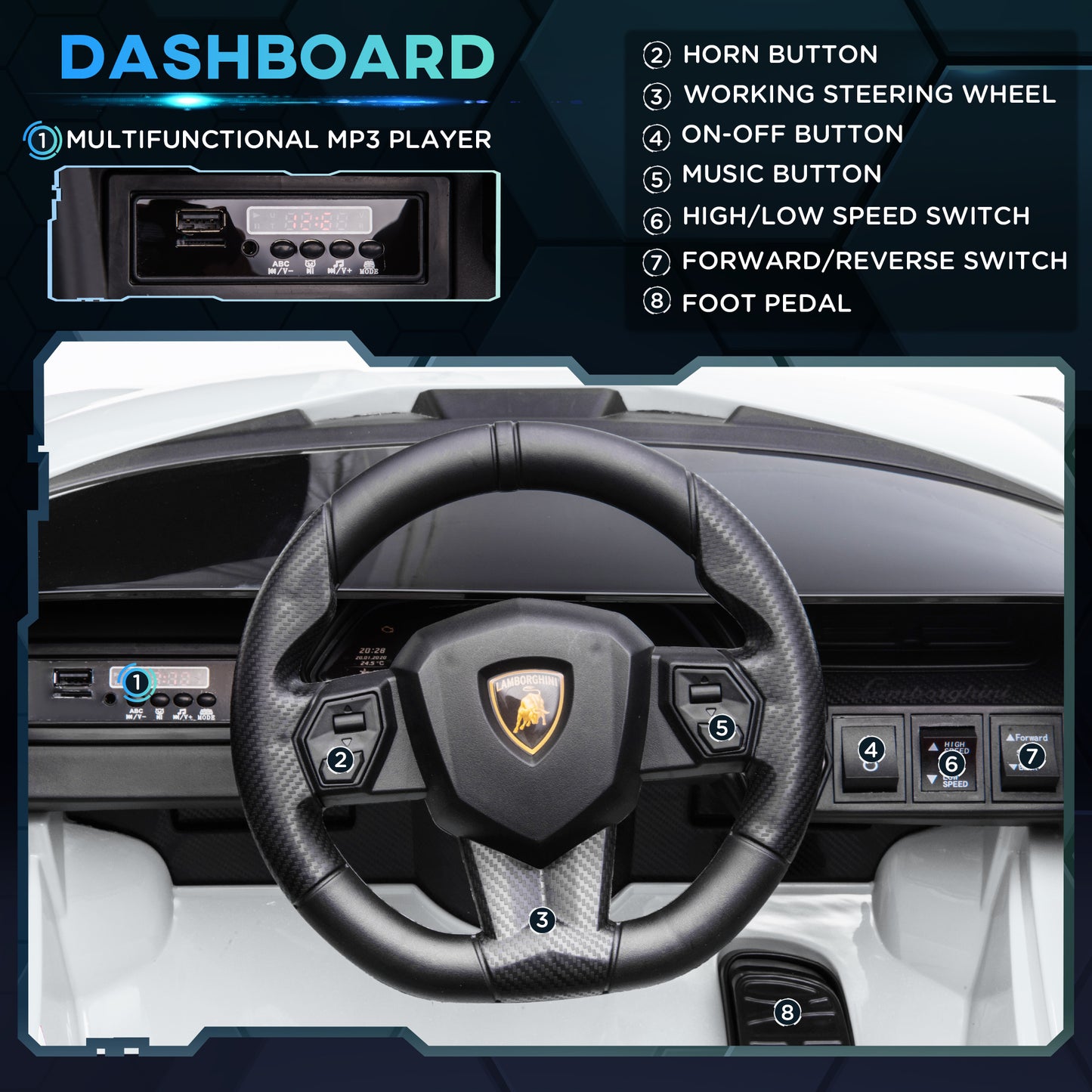 HOMCOM Compatible 12V Battery-powered Kids Electric Ride On Car Lamborghini SIAN Toy with Parental Remote Control Lights MP3 for 3-5 Years Old White