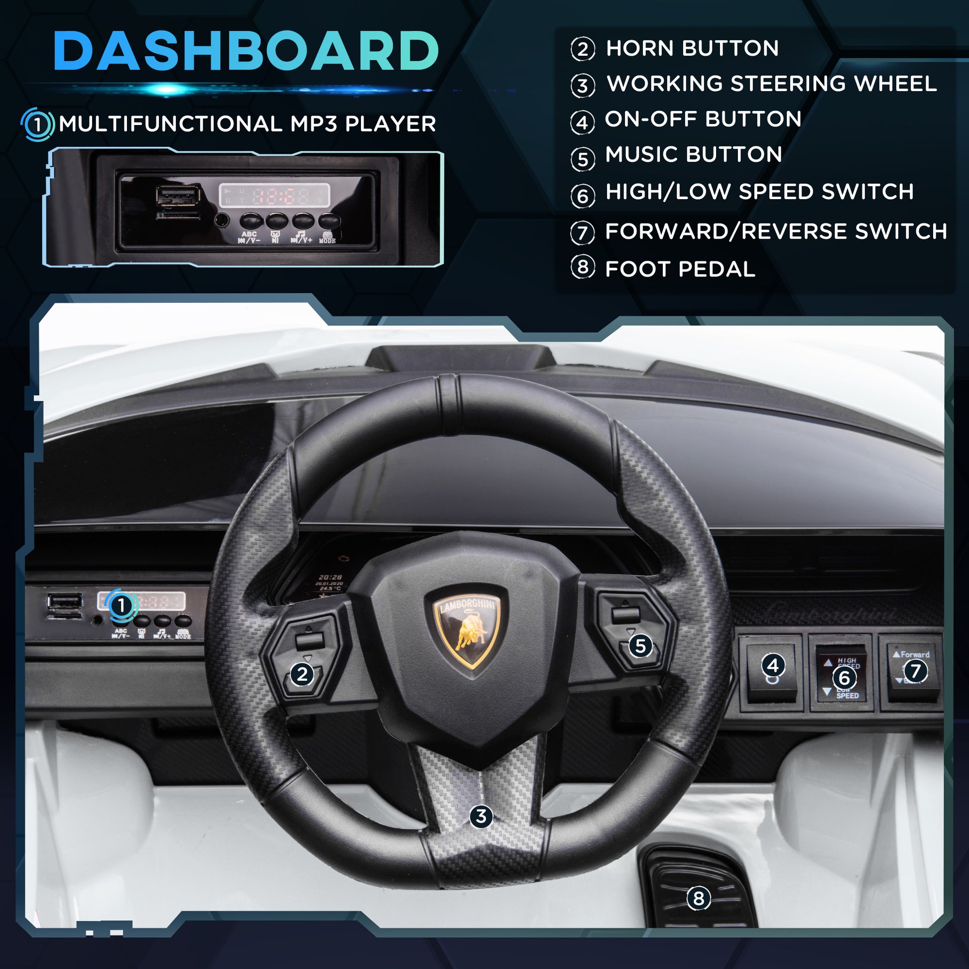 HOMCOM Compatible 12V Battery-powered Kids Electric Ride On Car Lamborghini SIAN Toy with Parental Remote Control Lights MP3 for 3-5 Years Old White