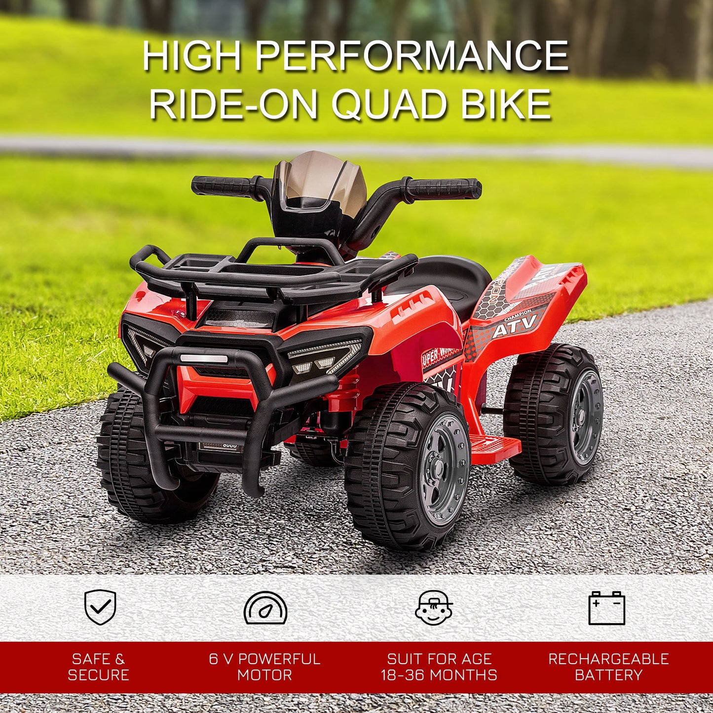 HOMCOM Kids Ride-on Four Wheeler ATV Car with Real Working Headlights, 6V Battery Powered Motorcycle for 18-36 Months, Red