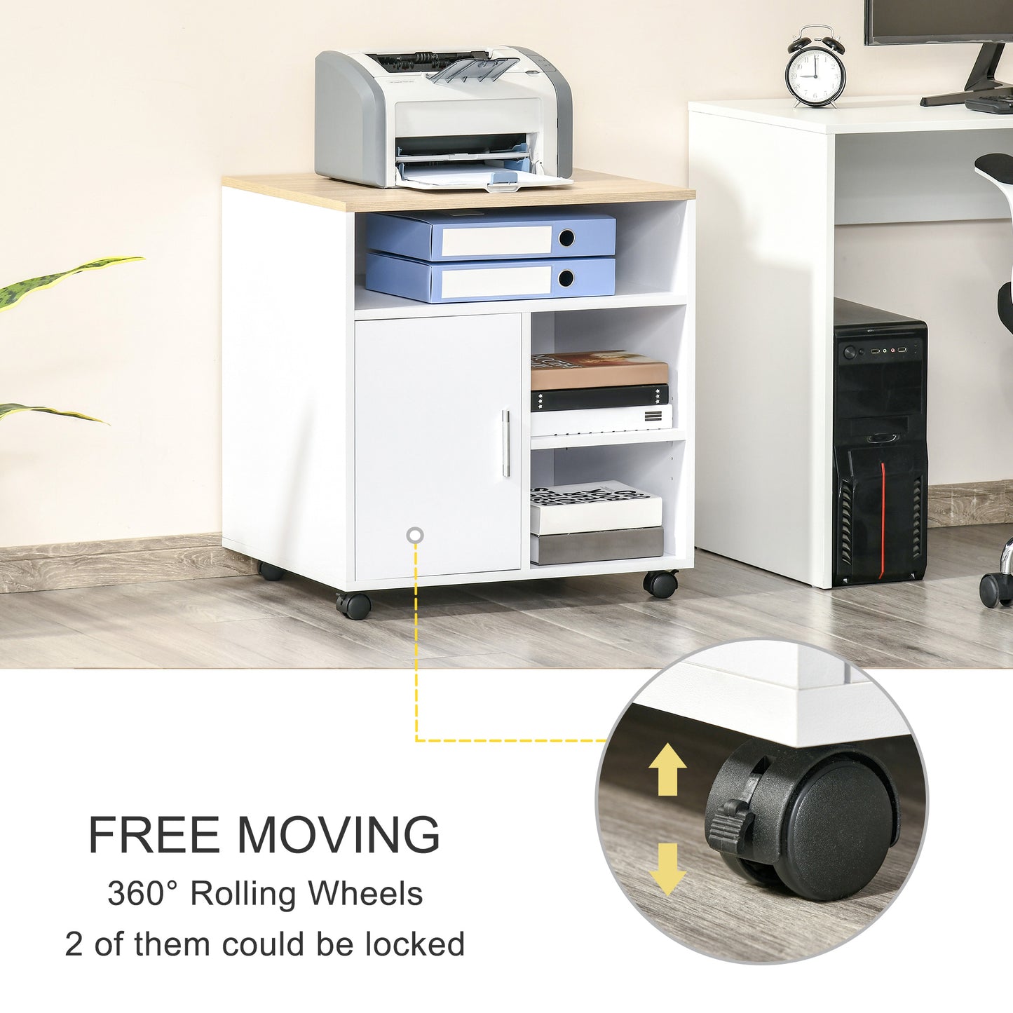 HOMCOM Multi-Storage Printer Stand Unit Office Desk Side Mobile Storage w/ Wheels Modern Style 60L x 50W x 65.5H cm - Oak