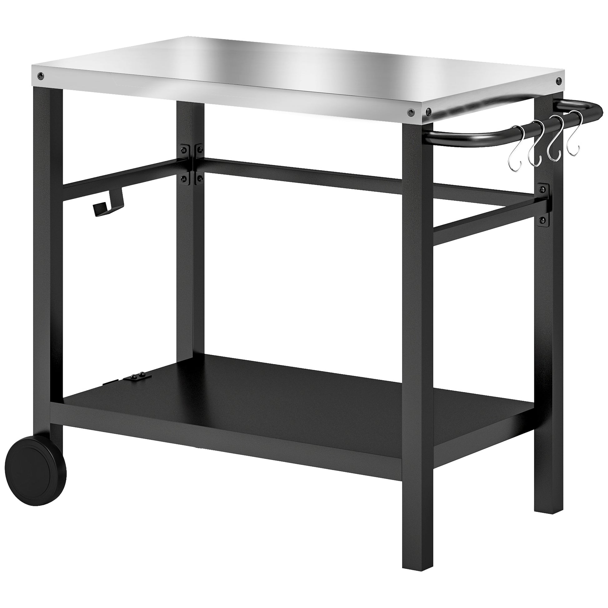 Outsunny Outdoor Grill Dining Cart 2-Shelf Movable Pizza Oven Table Stand with Stainless Steel Top, Portable BBQ Trolley Food Prep Outdoor Kitchen BBQ Station with Hooks Wheels Handle, Charcoal Grey