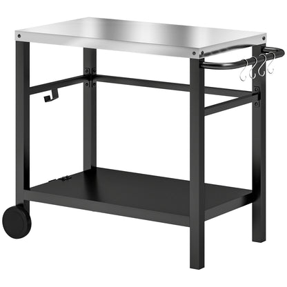 Outsunny Outdoor Grill Dining Cart 2-Shelf Movable Pizza Oven Table Stand with Stainless Steel Top, Portable BBQ Trolley Food Prep Outdoor Kitchen BBQ Station with Hooks Wheels Handle, Charcoal Grey