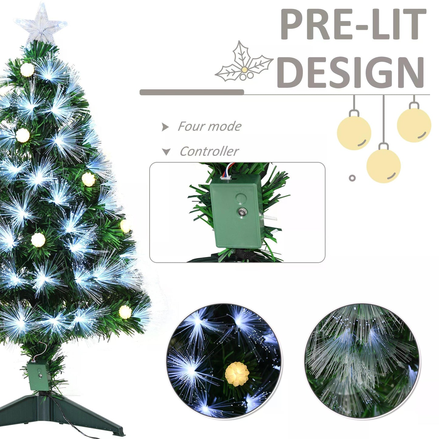 HOMCOM 3ft White Pre Lit Christmas Tree w/ 90 LEDs Star Topper Tri-Base Full Bodied Seasonal Decoration Pre-Lit Home
