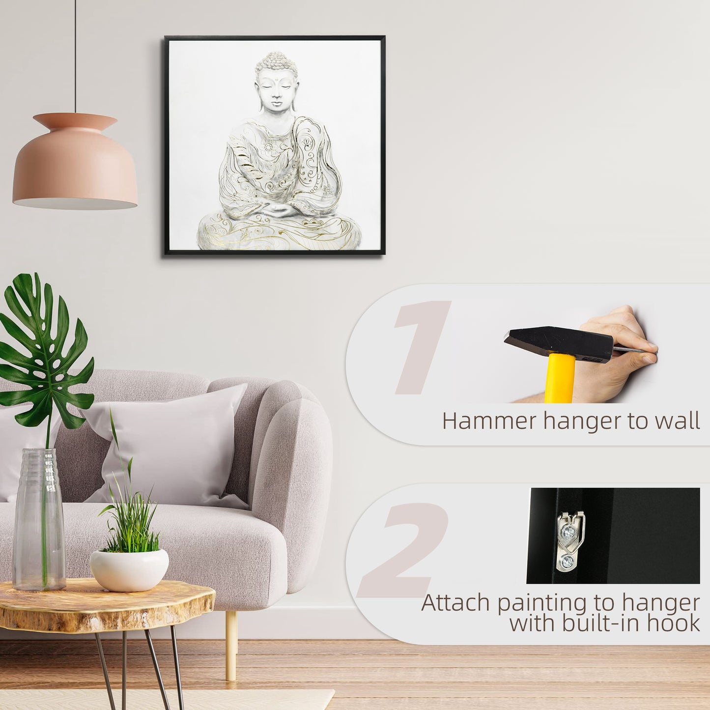 HOMCOM Canvas Wall Art Gold Textured Buddha Sit in Meditation, Wall Pictures for Living Room Bedroom Decor, 83 x 83 cm