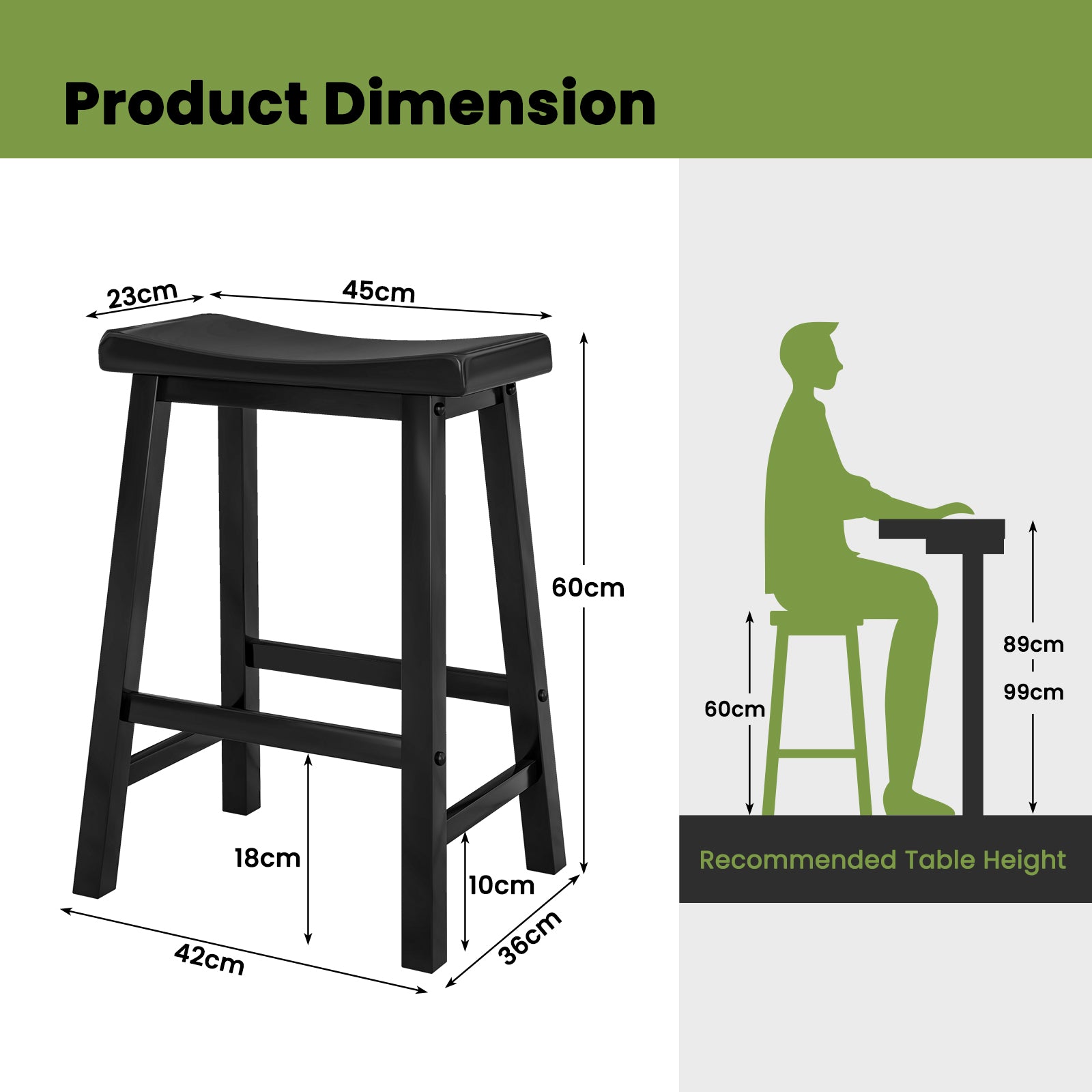 Saddle Stools Set of 2 with Solid Wood Legs and Footrests-Black