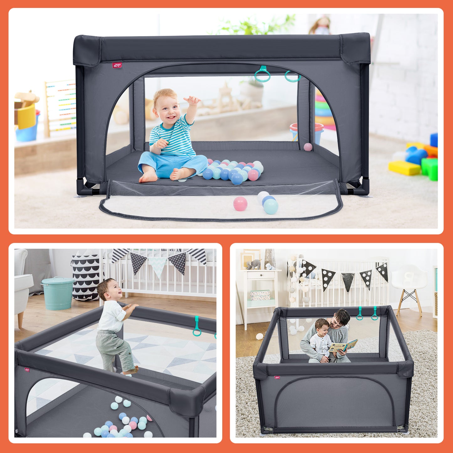 Playpen Baby Toddlers Safety Activity Fence with 50 Ocean Balls-Dark Grey