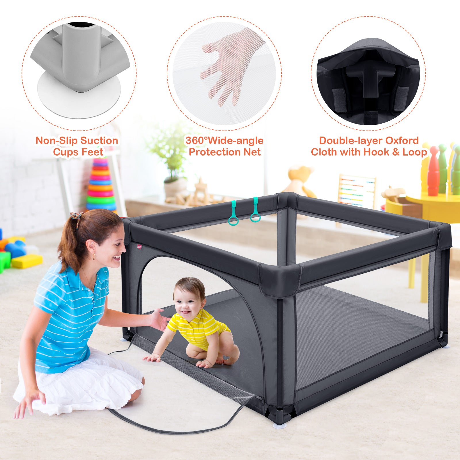 Playpen Baby Toddlers Safety Activity Fence with 50 Ocean Balls-Dark Grey