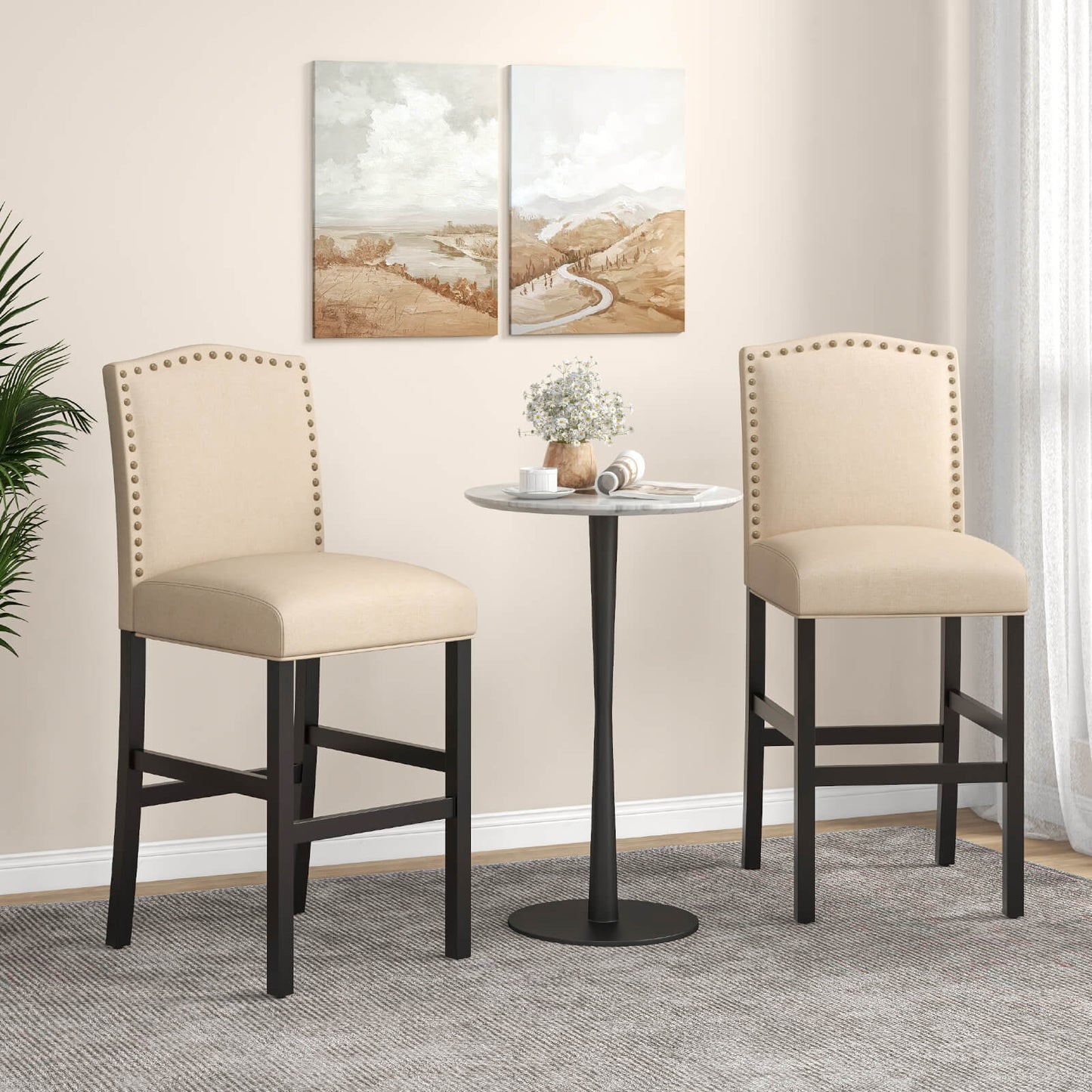 Set of 2 Bar Chair with Rubber Wood Legs for Home and Pub-Beige