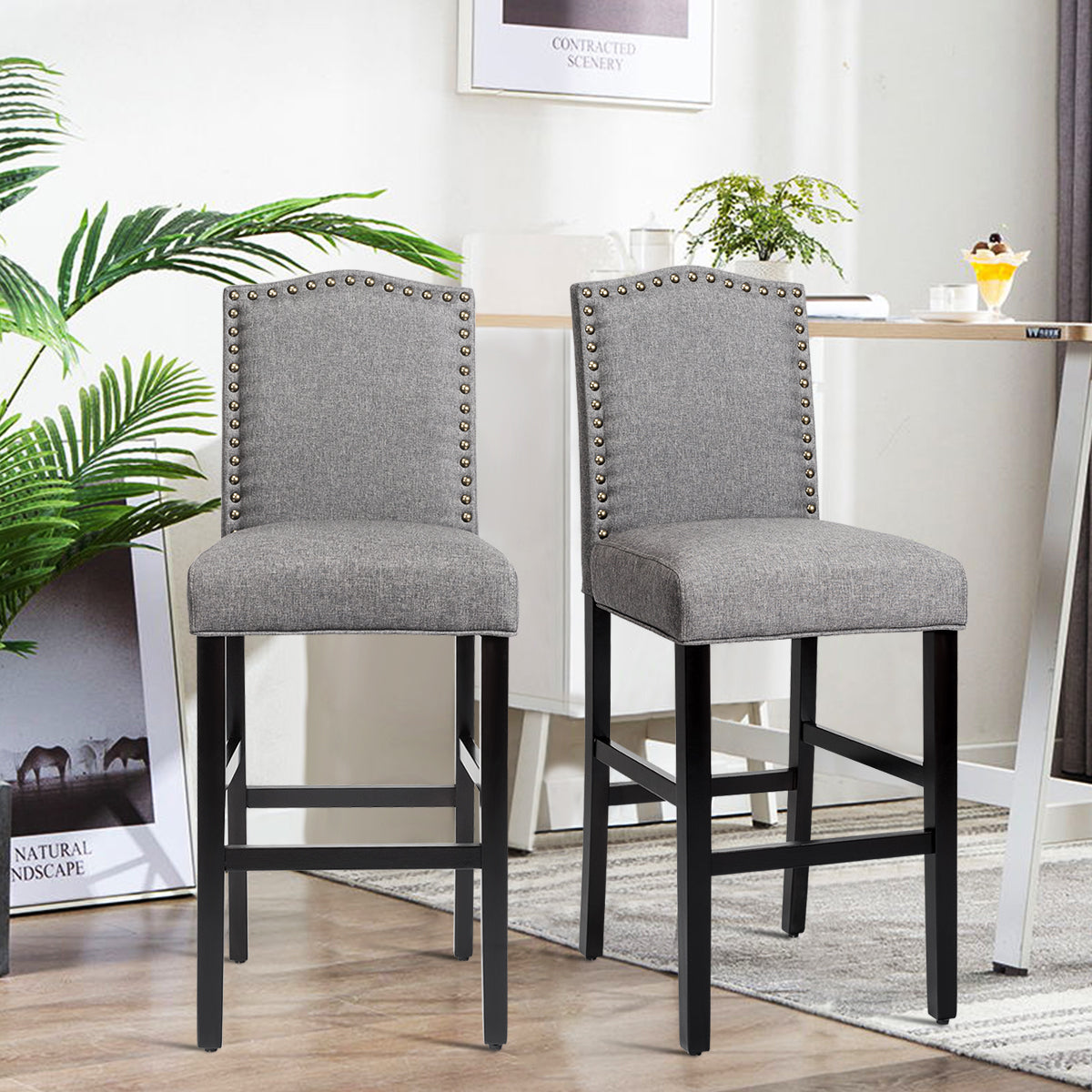 Set of 2 Bar Chair with Rubber Wood Legs for Home and Pub-Grey