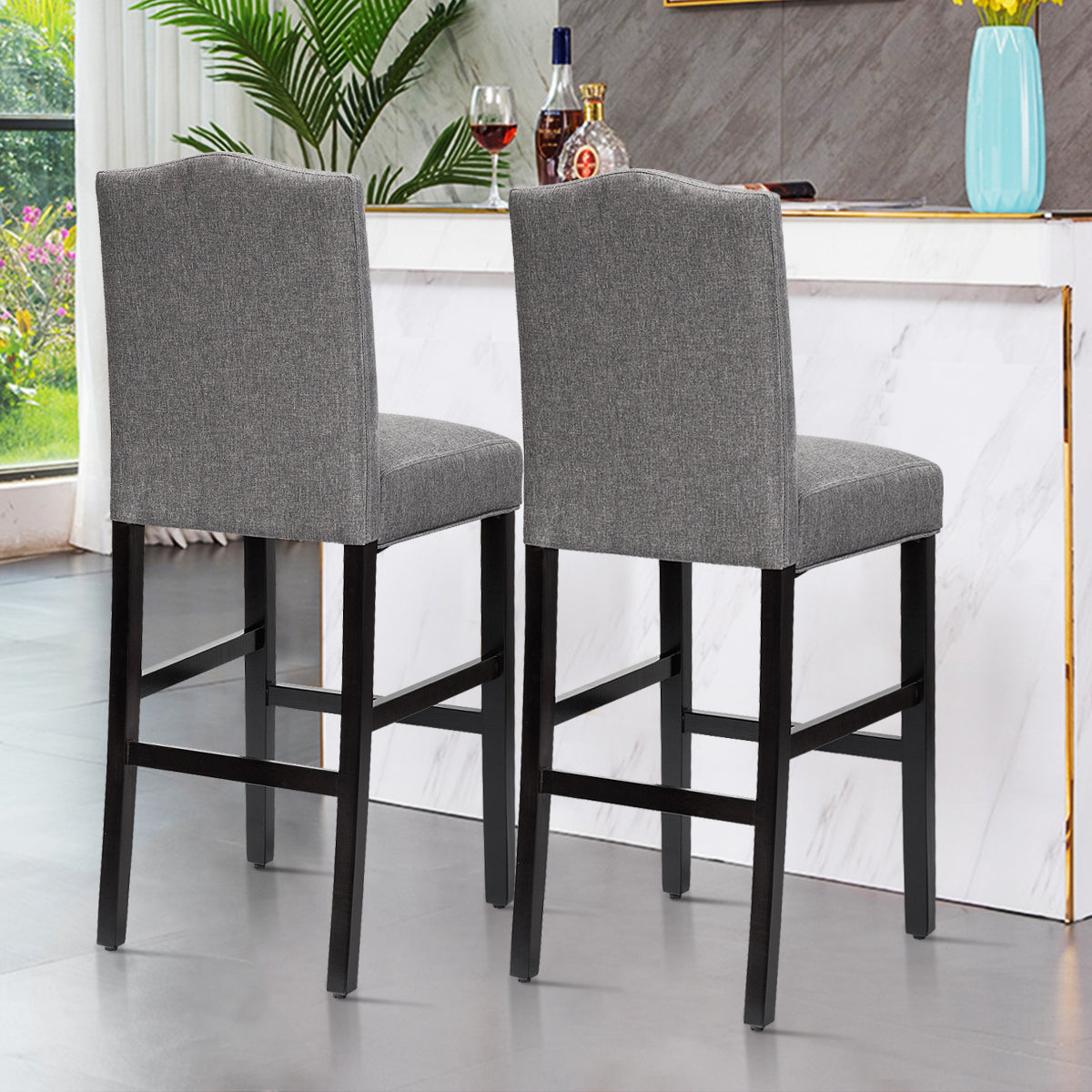 Set of 2 Bar Chair with Rubber Wood Legs for Home and Pub-Grey