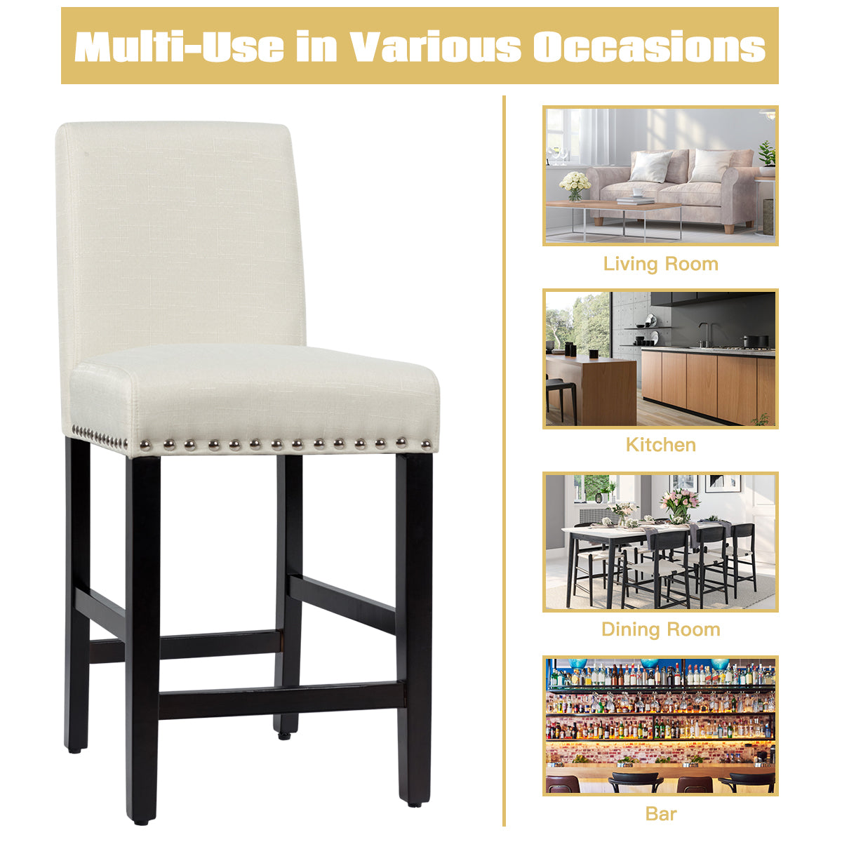 Set of 2 Bar Stool Upholstered Fabric with Low Backrest and Wide Seat-Beige