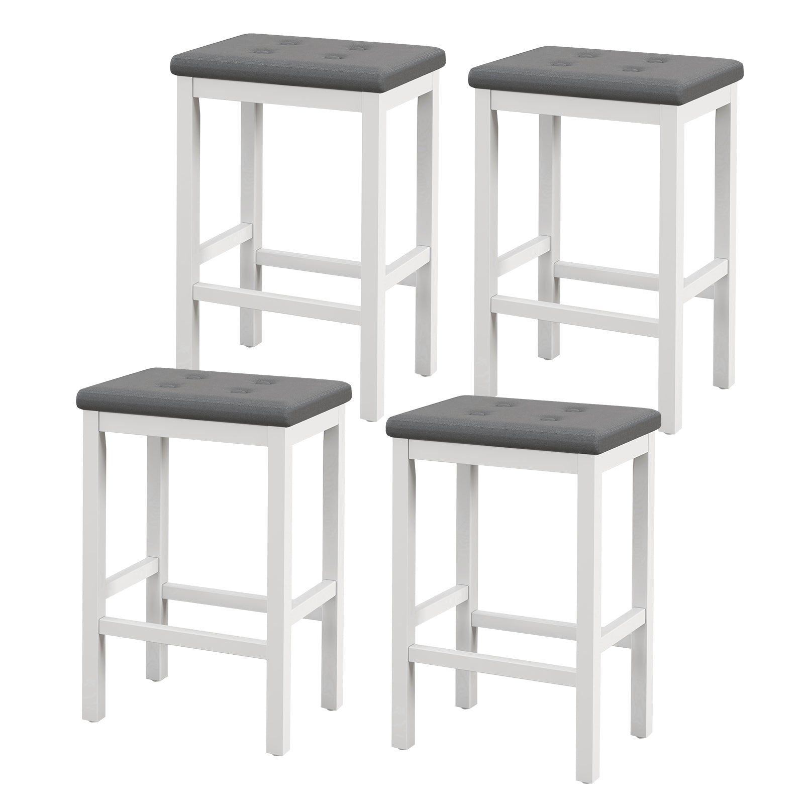 Set of 2 Bar Stools with Padded Seat and Footrest-White