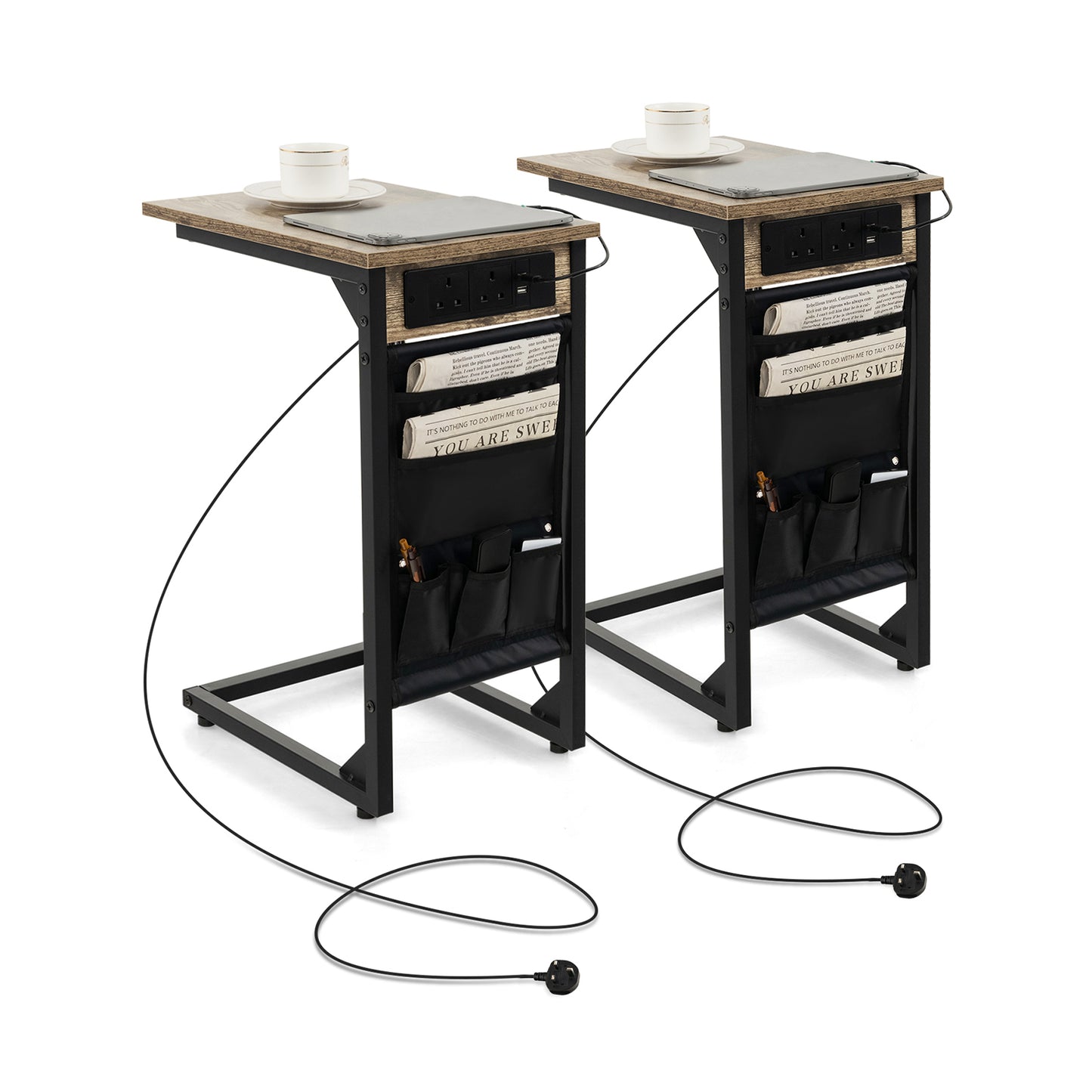 Set of 2 C-Shaped End Table with Charging Station and Side Storage Bag-Rustic Brown