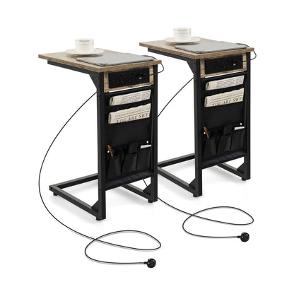 Set of 2 C-Shaped End Table with Charging Station and Side Storage Bag-Rustic Brown