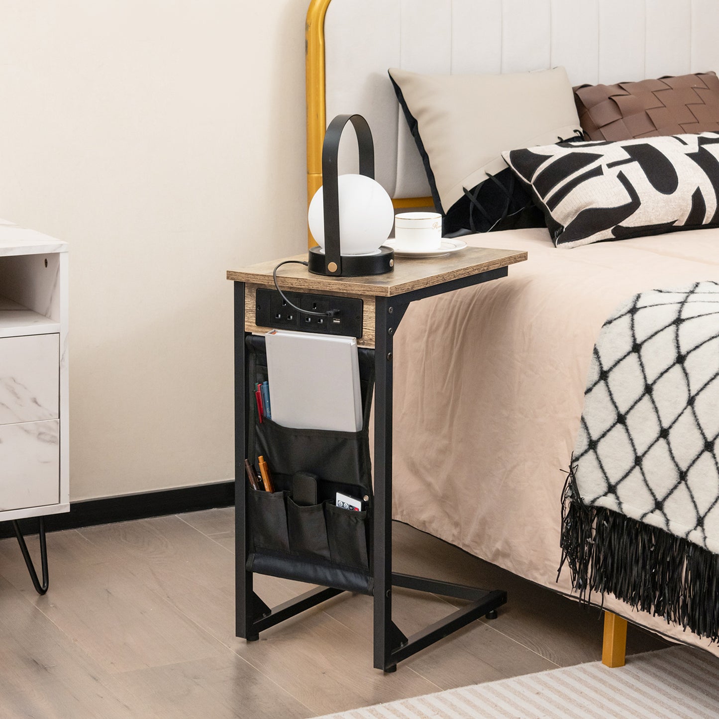Set of 2 C-Shaped End Table with Charging Station and Side Storage Bag-Rustic Brown