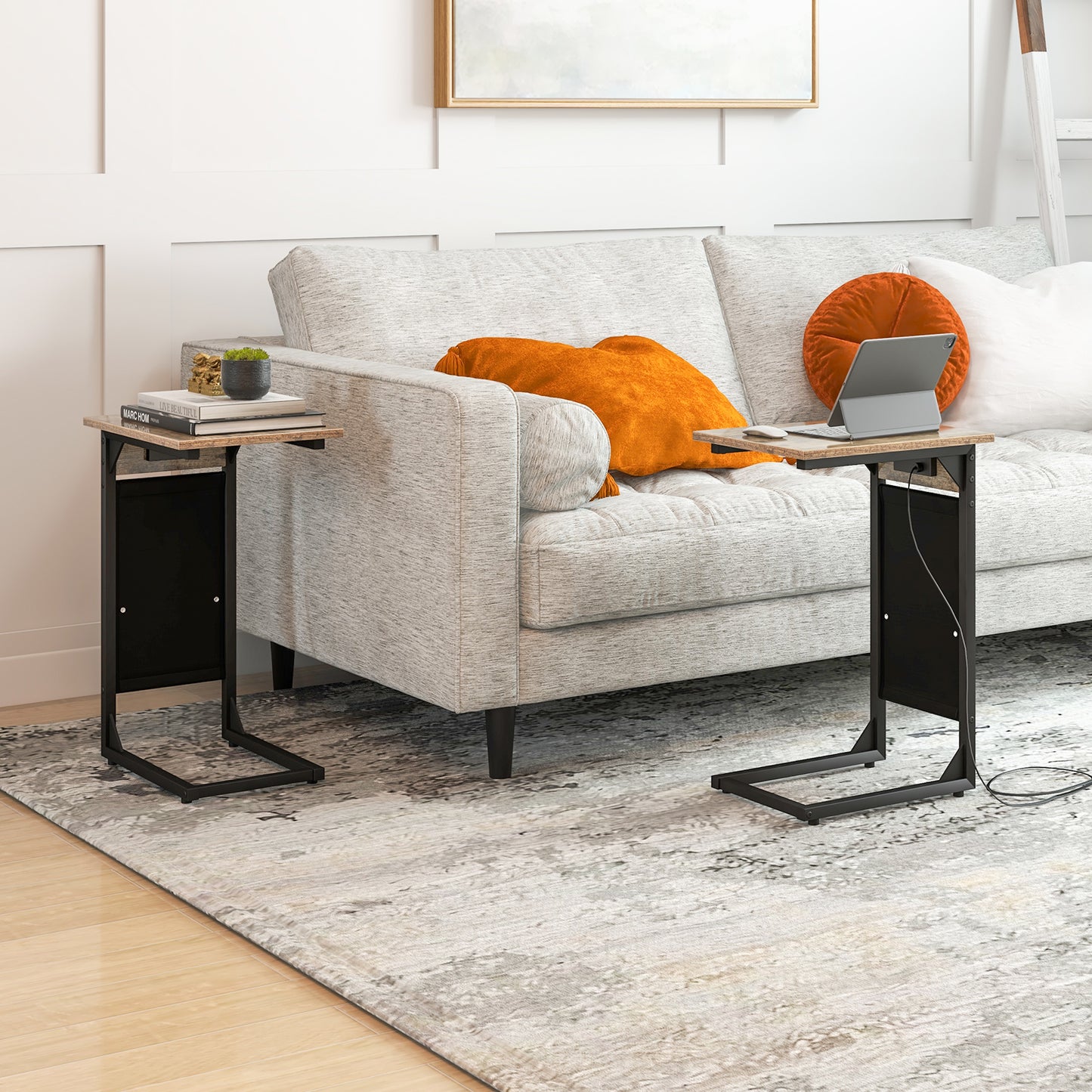 Set of 2 C-Shaped End Table with Charging Station and Side Storage Bag-Rustic Brown