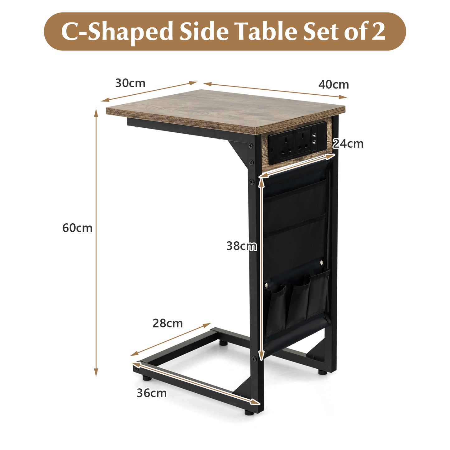 Set of 2 C-Shaped End Table with Charging Station and Side Storage Bag-Rustic Brown