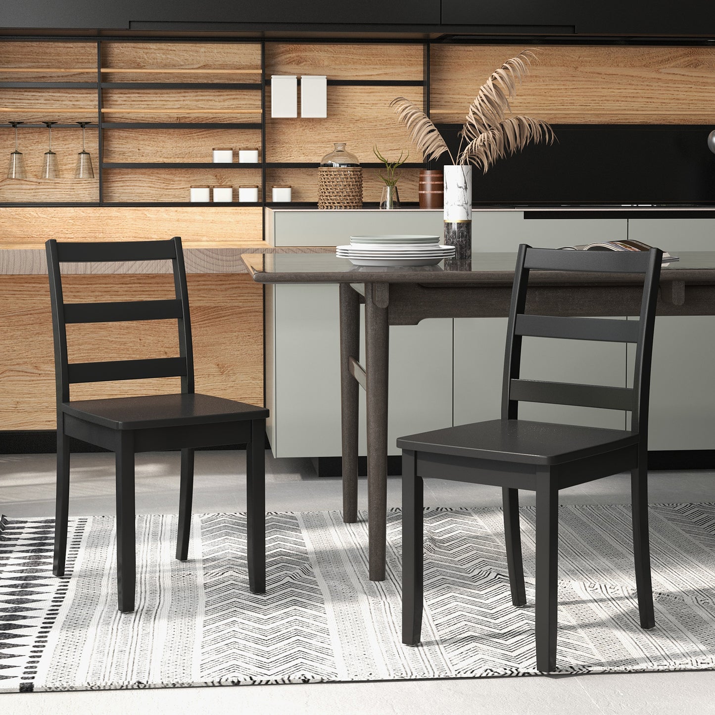 Set of 2 Dining Chairs with Solid Rubber Wood Legs and Non-slip Food Pads-Black