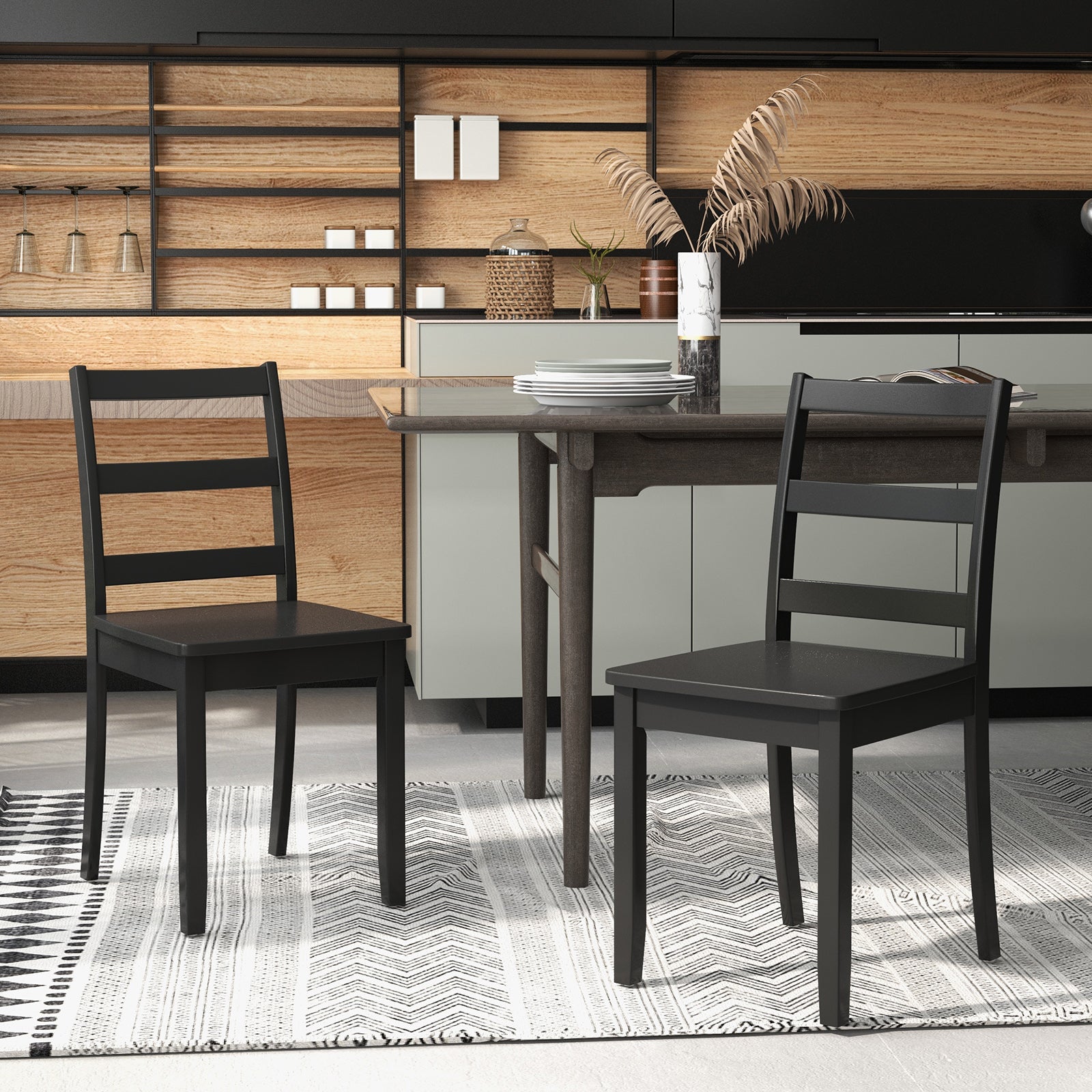 Set of 2 Dining Chairs with Solid Rubber Wood Legs and Non-slip Food Pads-Black