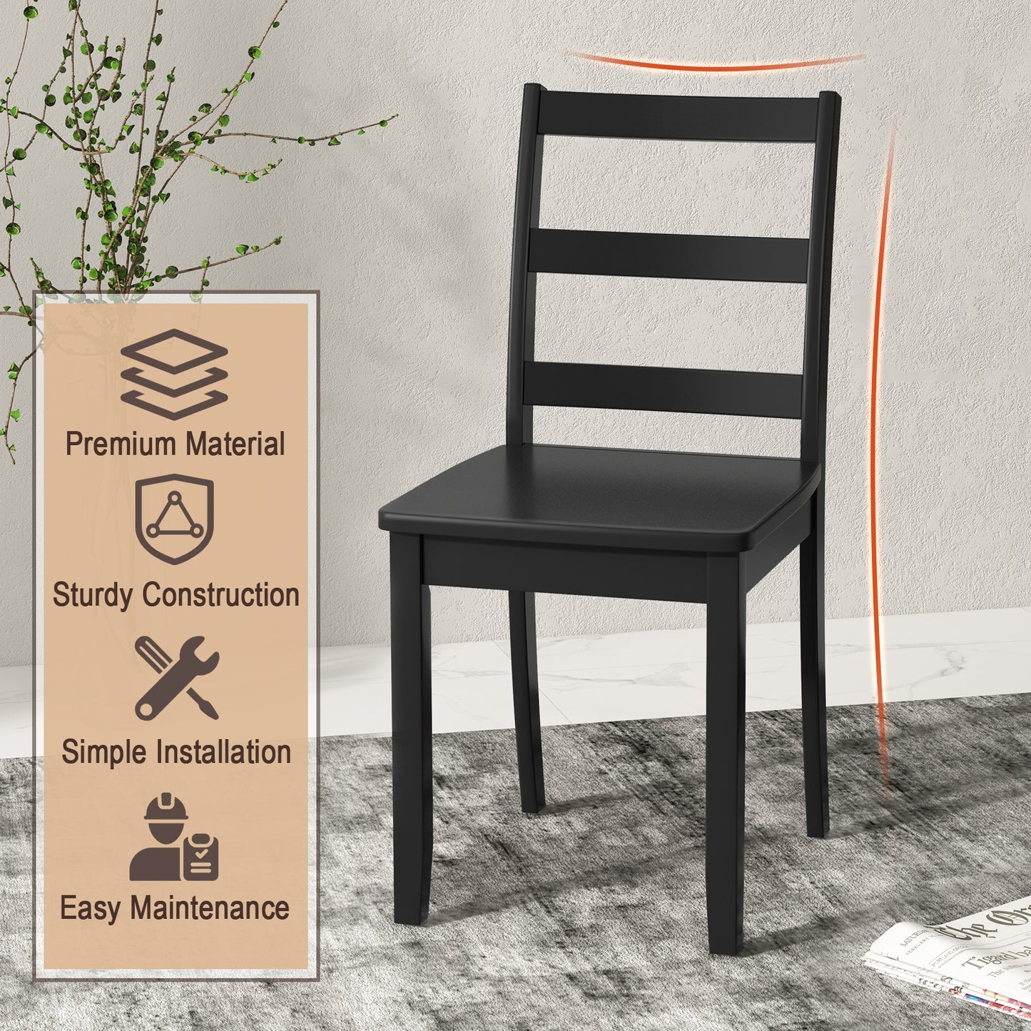 Set of 2 Dining Chairs with Solid Rubber Wood Legs and Non-slip Food Pads-Black