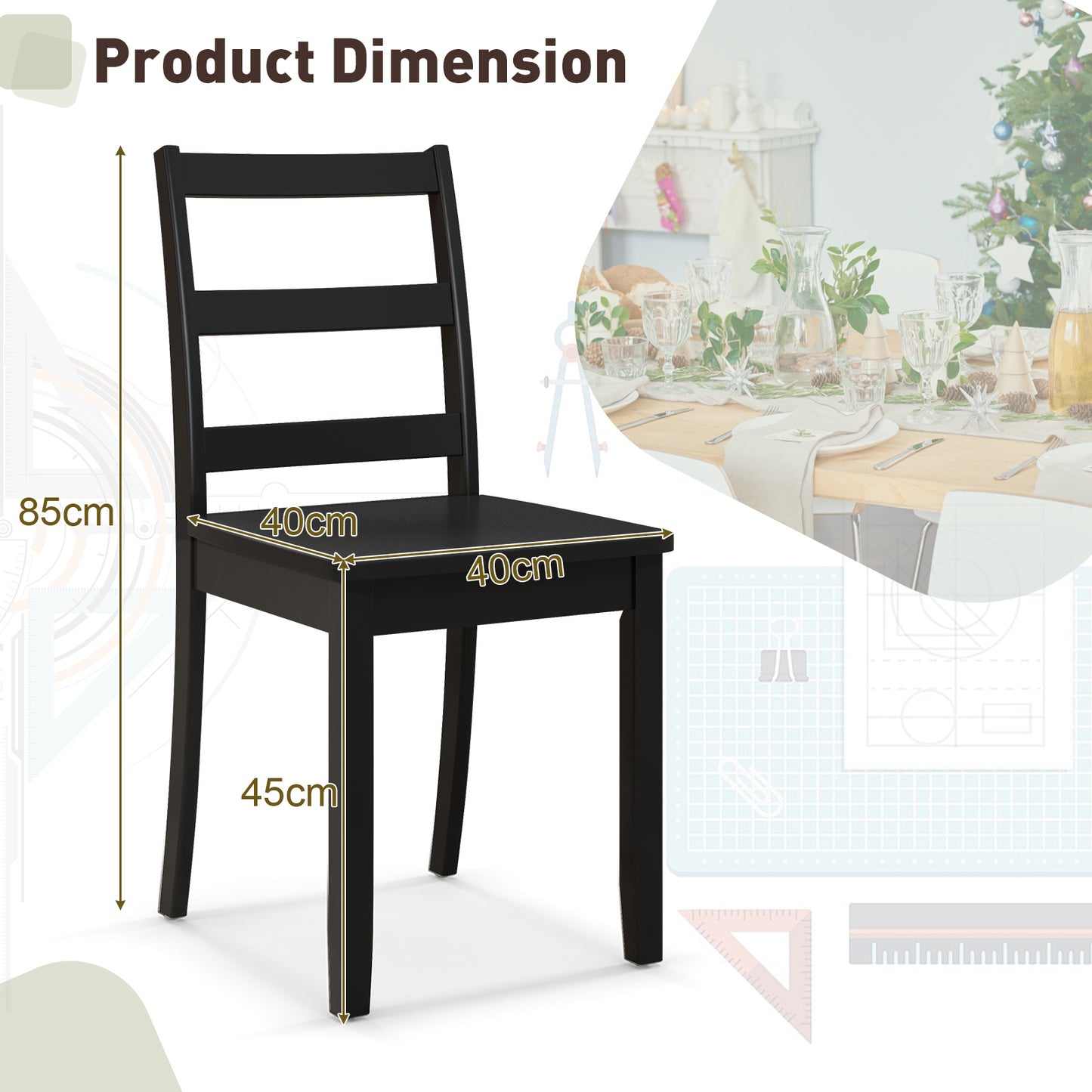 Set of 2 Dining Chairs with Solid Rubber Wood Legs and Non-slip Food Pads-Black