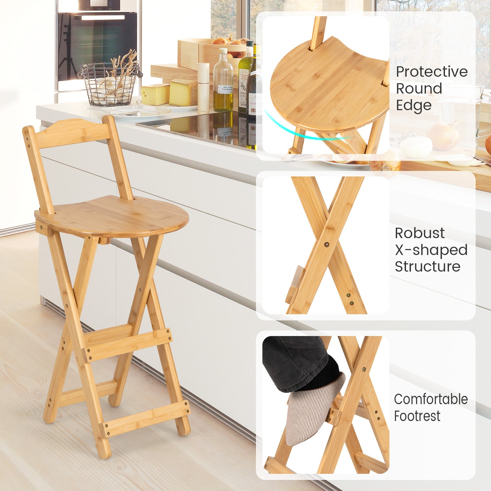 Set of 2 Folding Bar Stool with Backrest and Footrest for Home Bistro-Natural