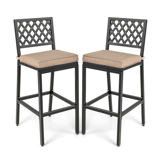 Set of 2 Metal Frame Patio Bar Stools with Detachable Cushion and Footrest-Black