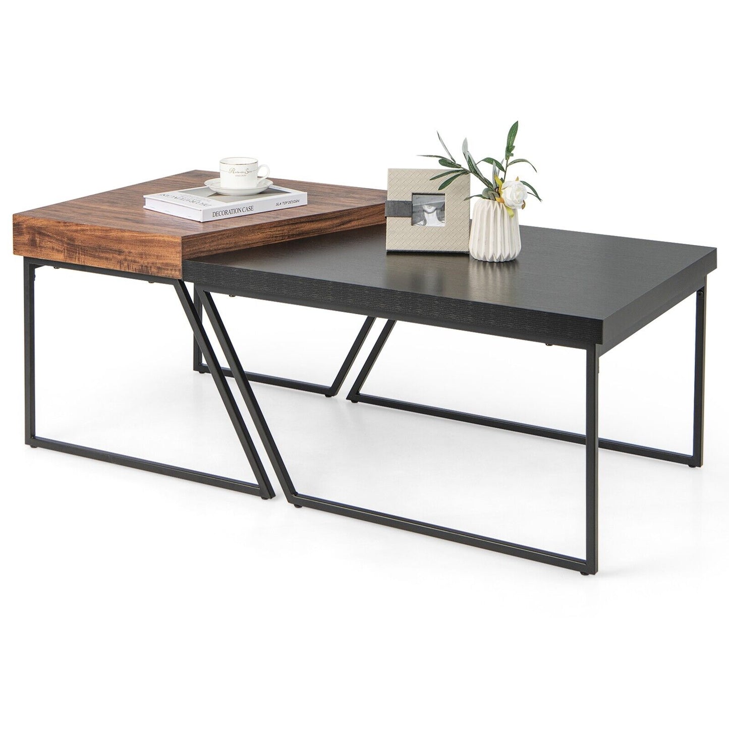 2 Pieces Modern Nesting Coffee Table Set-Black