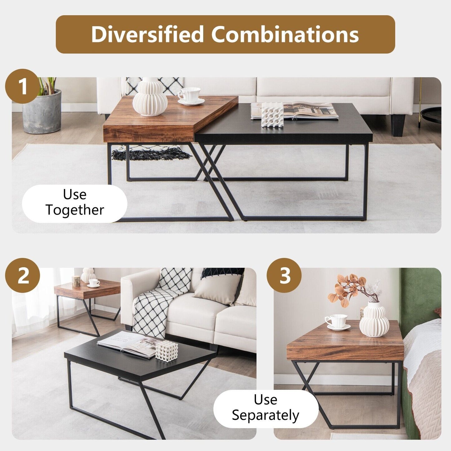 2 Pieces Modern Nesting Coffee Table Set-Black
