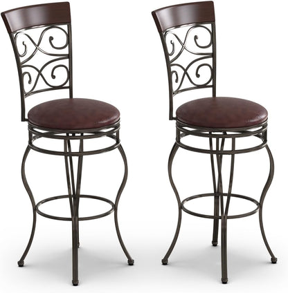 Set of 2 PU Leather Swivel Bar Stools with Footrest-Brown