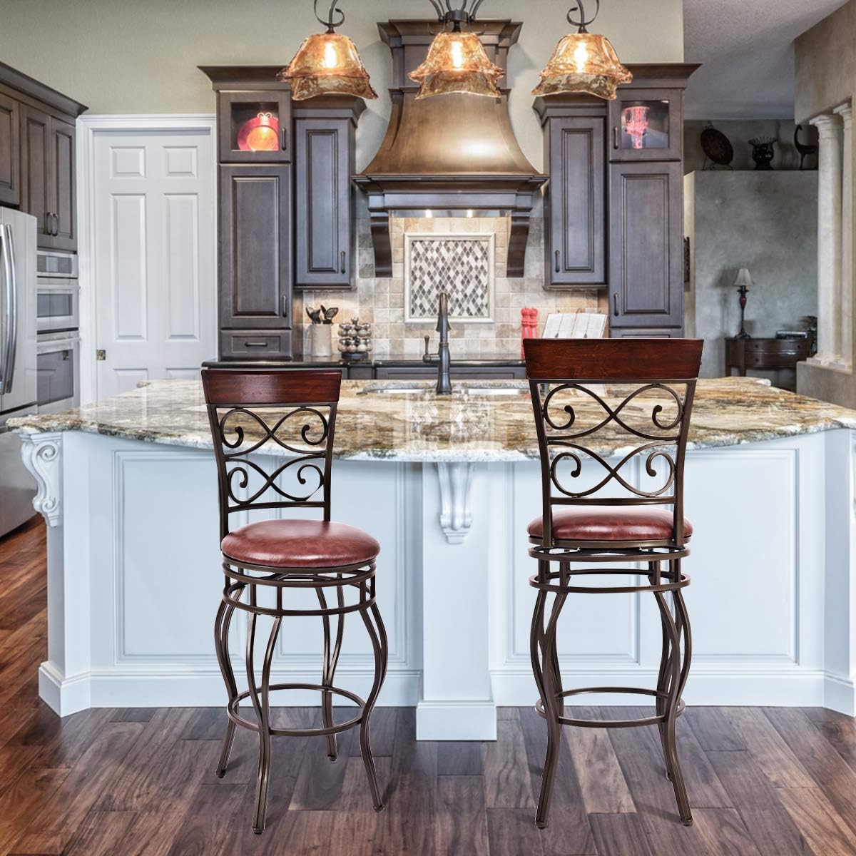 Set of 2 PU Leather Swivel Bar Stools with Footrest-Brown