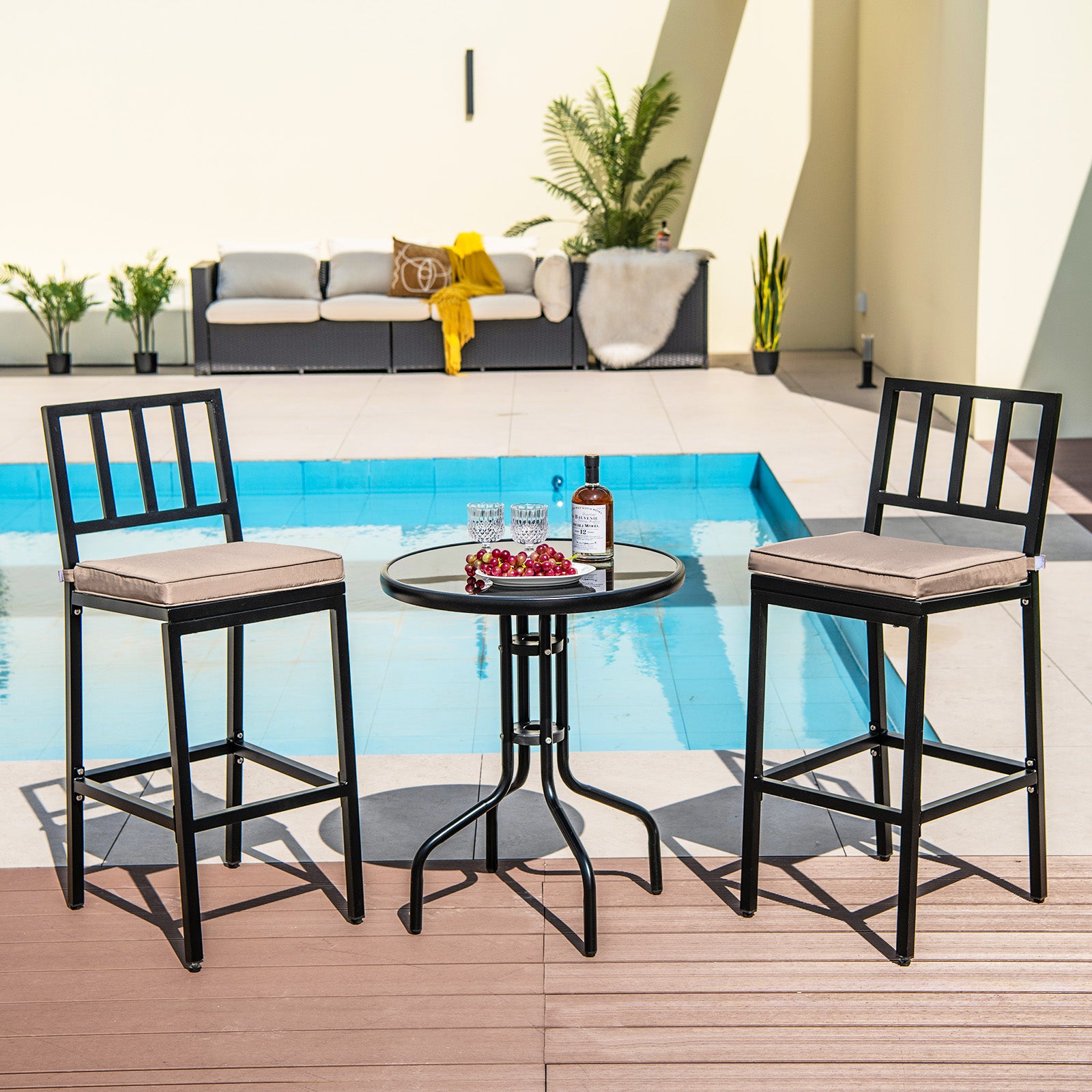 Set of 2 Patio Bar Chairs Bar Stools with Detachable Cushion and Footrest-Black