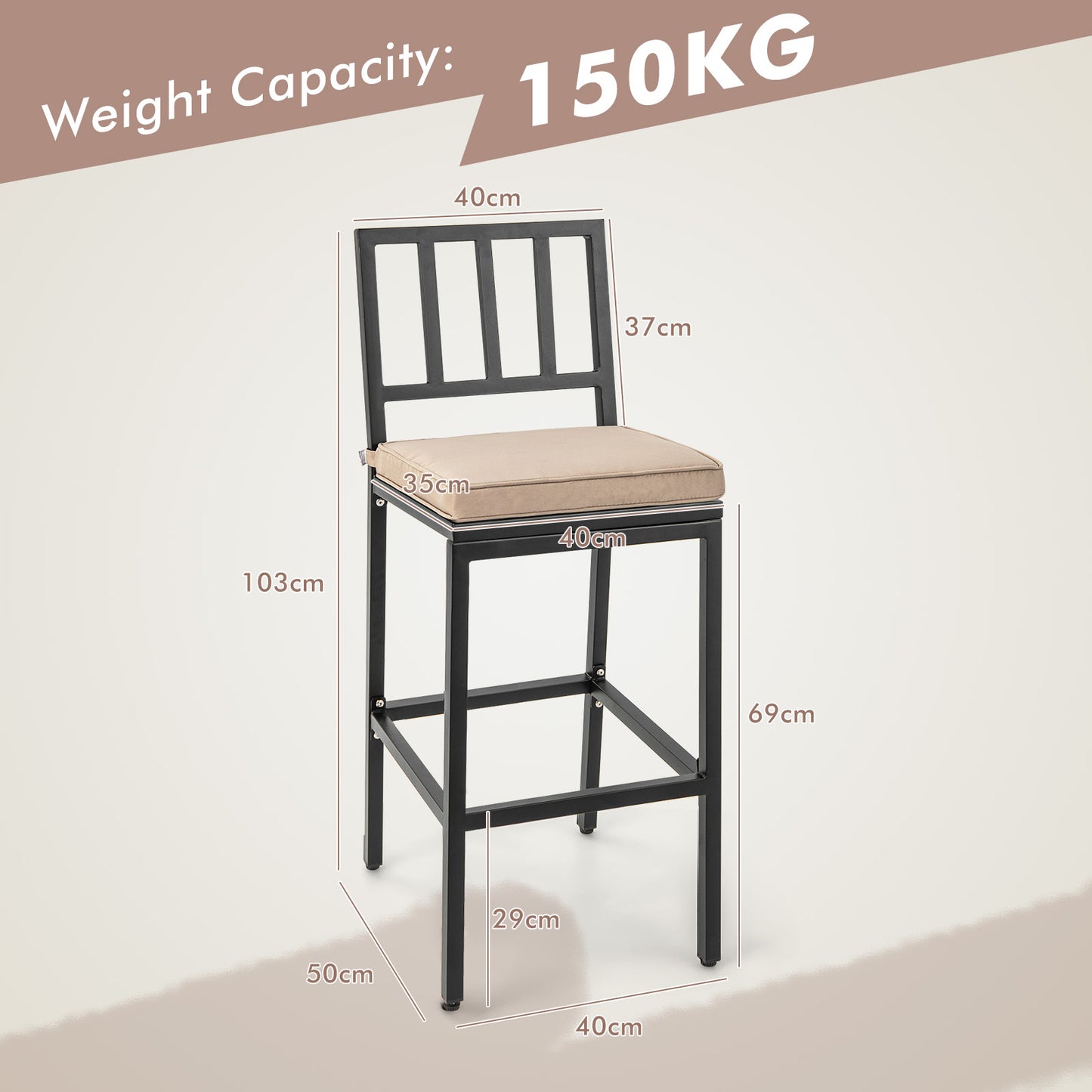 Set of 2 Patio Bar Chairs Bar Stools with Detachable Cushion and Footrest-Black