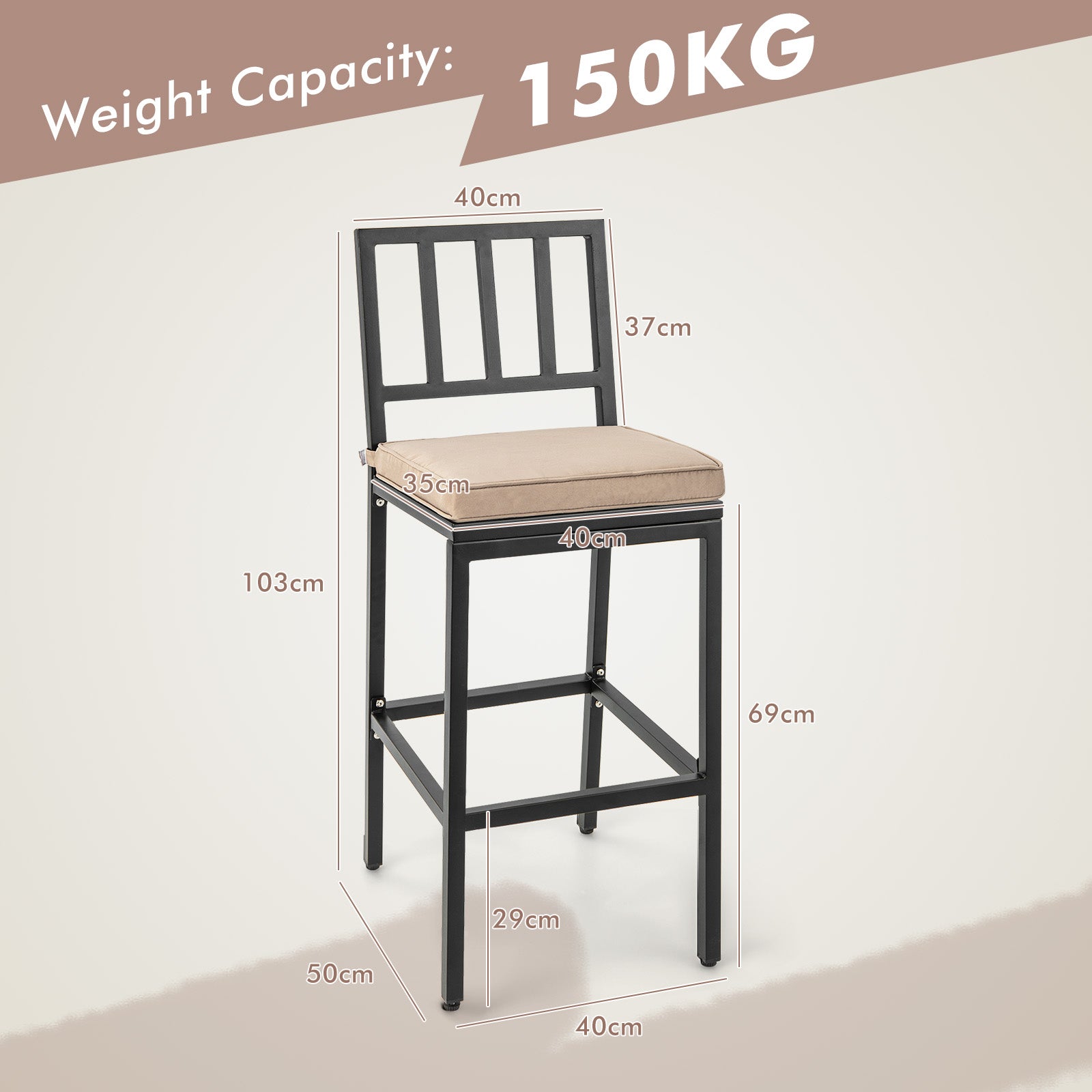 Set of 2 Patio Bar Chairs Bar Stools with Detachable Cushion and Footrest-Black