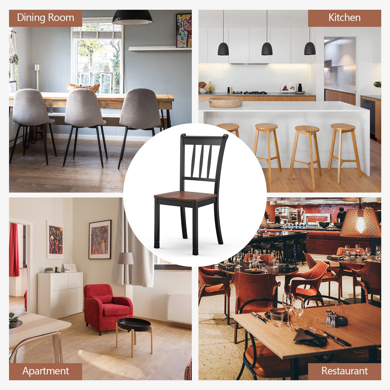 Set of 2 Slatted High Backrest Dining Chairs with Shaped Seat-Black