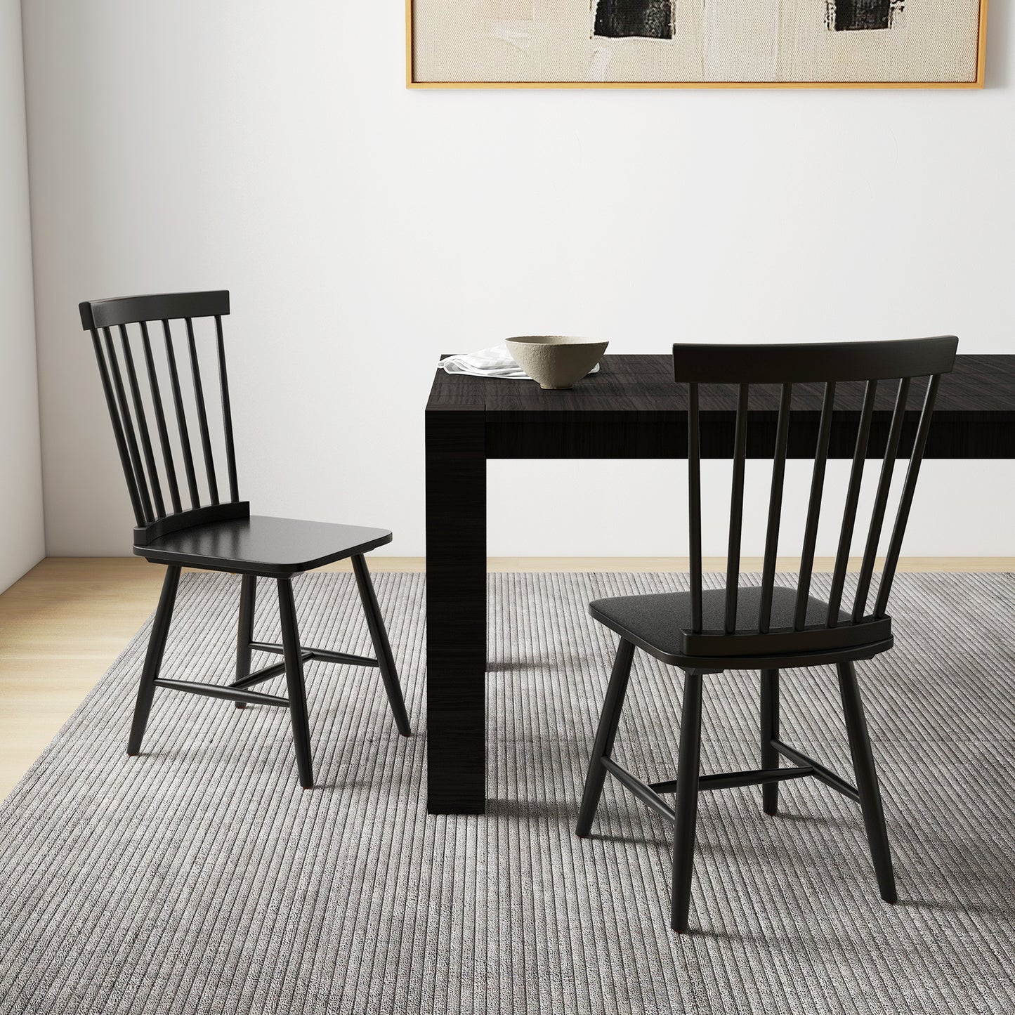 Set of 2 Windsor Style Armless Dining Chairs with Ergonomic Spindle Backs-Black