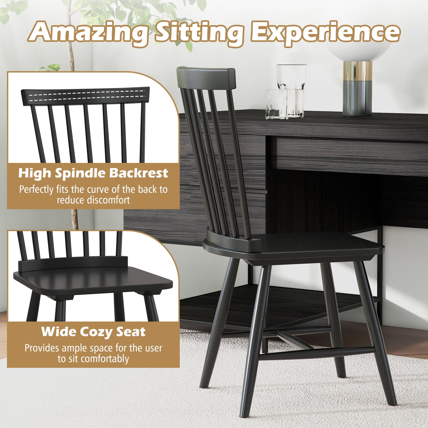 Set of 2 Windsor Style Armless Dining Chairs with Ergonomic Spindle Backs-Black