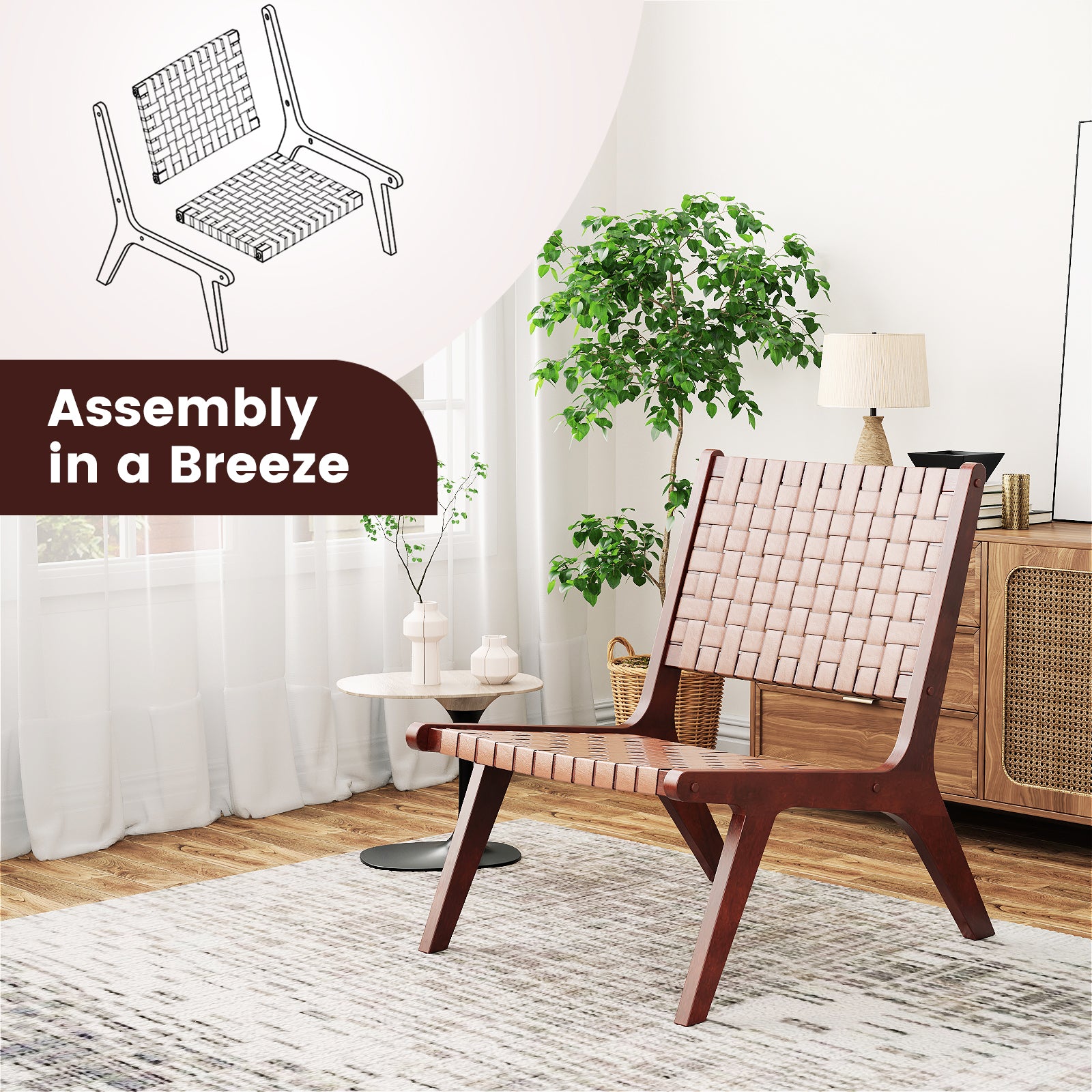 Set of 2 Woven Leather Accent Chairs with Wood Frame-Brown