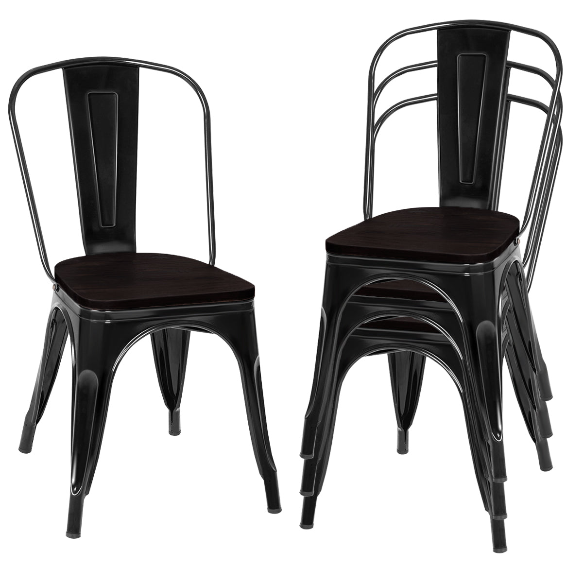 Set of 4 Stackable Metal Dining Chairs with Iron Backrest-Black