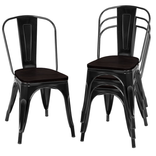 Set of 4 Stackable Metal Dining Chairs with Iron Backrest-Black