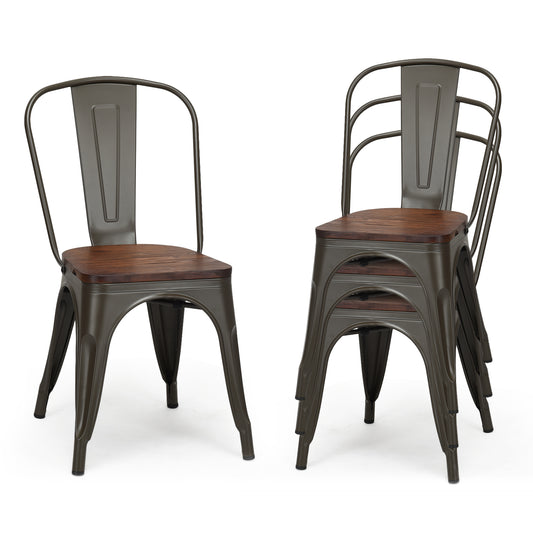 Set of 4 Stackable Metal Dining Chairs with Iron Backrest-Gun