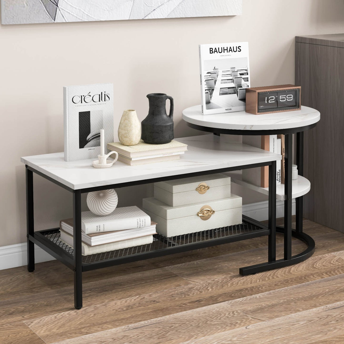 Set of 2 Nesting Coffee Table with Extra Storage Shelf-Black