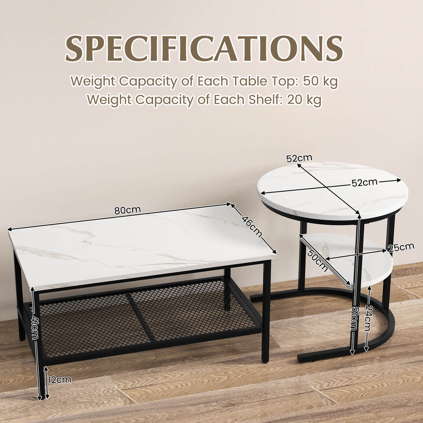 Set of 2 Nesting Coffee Table with Extra Storage Shelf-Black